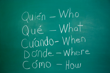 Spanish class. Chalkboard filled with Spanish interrogatives and their English translations.