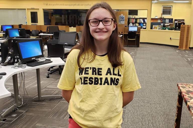 Liberty+Middle+School+Student+attended+the+BOE+meeting+in+October+following+a+dress+code+violation+for+wearing+a+We+Are+All+Lesbians+tshirt.+