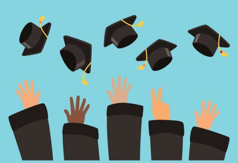 Students throw graduation caps into the air vector background. Illustration of celebration graduation school or university