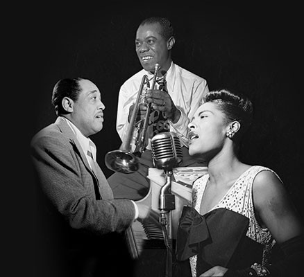 (from left to right) Harlem Renaissance musicians Duke Ellington, Louis Armstrong, and Billie Holiday