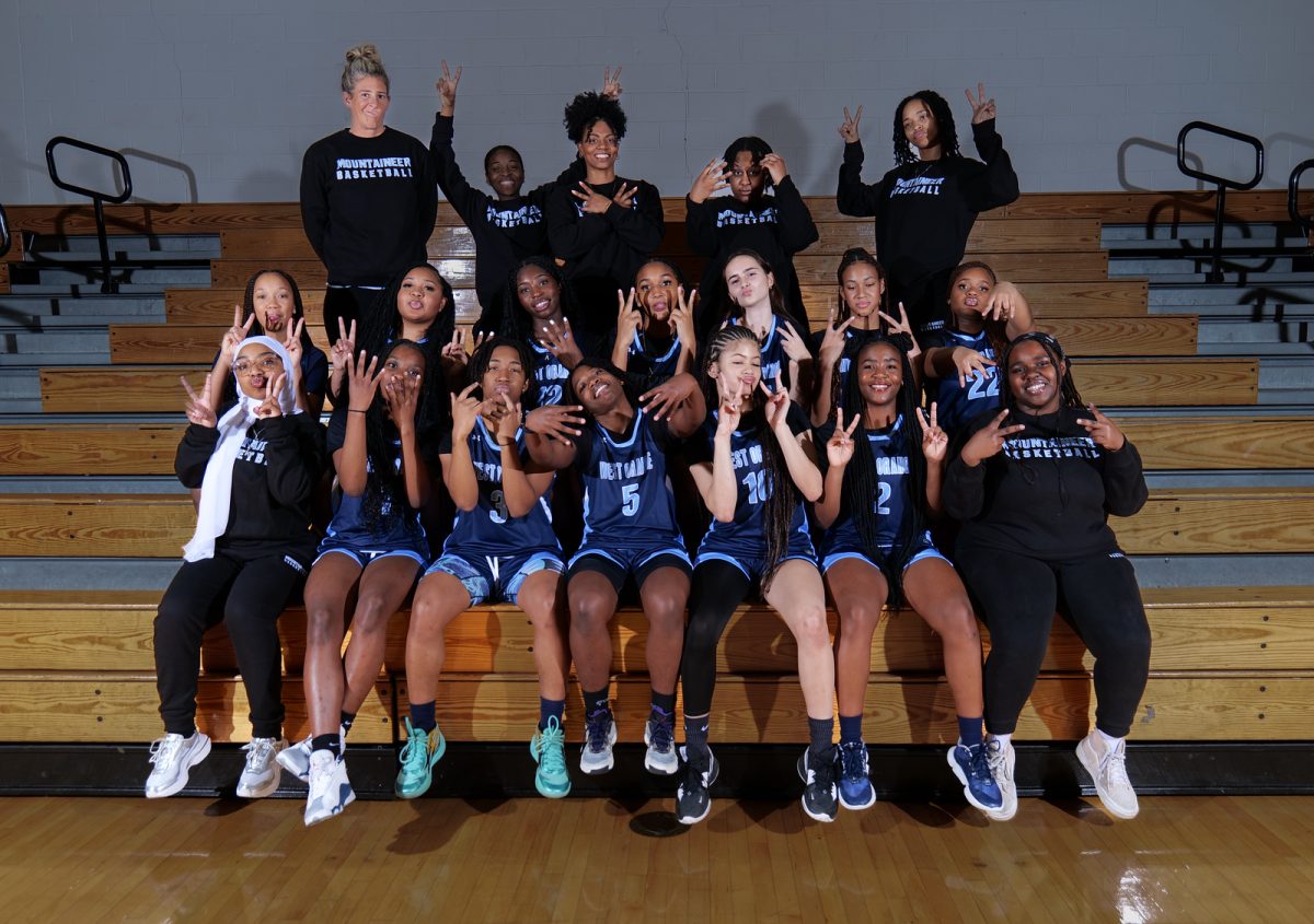Girls Basketball team and coaches take a fun-spirited group photo for the 2023 Winter Sports Media Day.