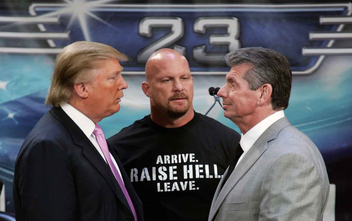 Donald Trump (L), Vince Mcmahon (R)  facing off in a press conference in 2007. 