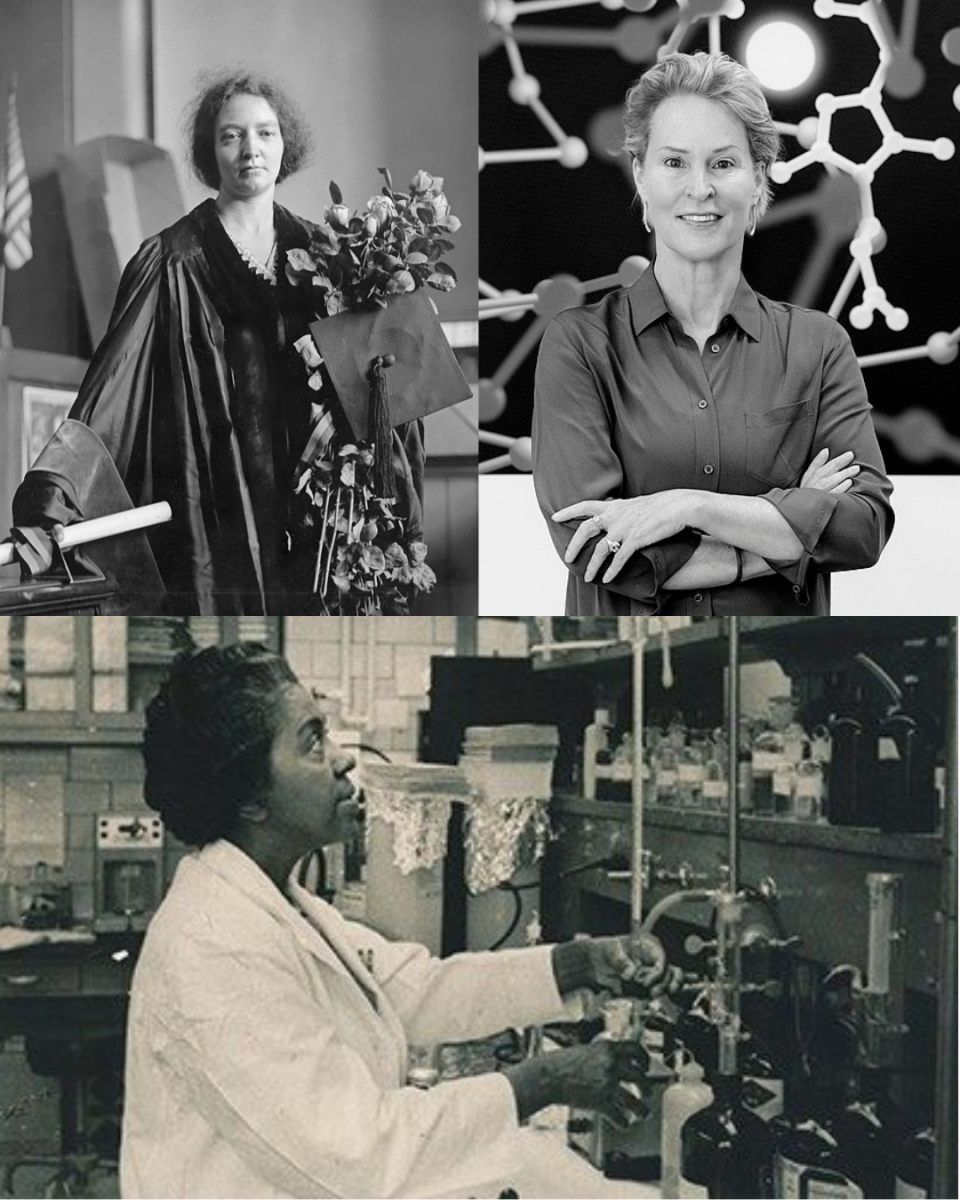 Three chemists: Irène Joliot-Curie (top left), Frances Arnold (top right), Marie Maynard Daly (bottom). 